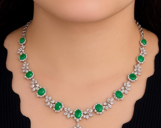 44.74 Ct Zambian Emerald Necklace with Lab Grown CVD Diamonds 18K White Gold – Elegant Charm Fine Jewelry, Luxury Gift for Her