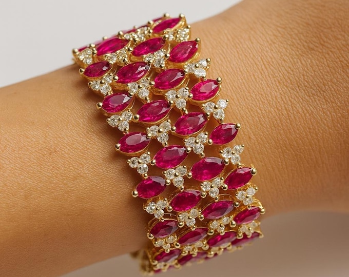 9.88 Ct Natural Round Diamond and Ruby Wedding Bracelet 14K Yellow Gold Fine Jewelry, Luxury Bridal Statement Gift
