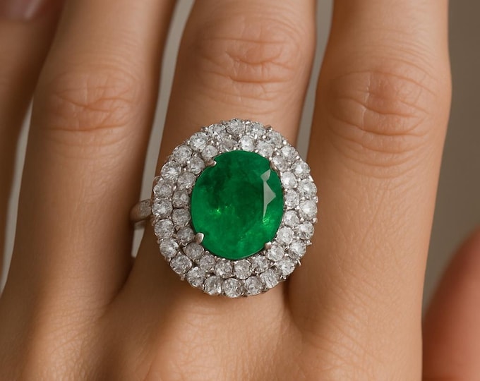 2.05Ct Natural Diamond Emerald Cocktail Ring 14K Solid White Gold Luxury Wedding, Engagement Anniversary Statement Jewelry Gift For