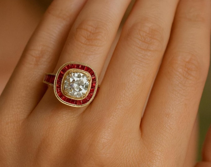 2.25ct Old European Cut Diamond Engagement Ring with Ruby 18K Yellow Gold Vintage Fine Jewelry, Antique Diamond Ruby Statement Ring Gift For