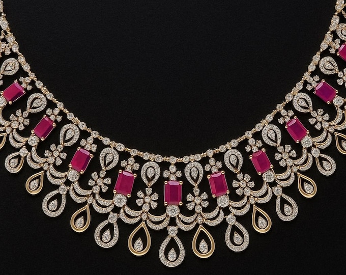 6.75 Ct Genuine Diamond Ruby Necklace 14K Rose Gold Round Brilliant Cut Fine Jewelry Gift