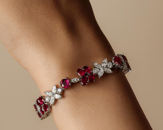 Diamond 18K White Gold 13.37ct Natural Rubies 4.75ct Diamonds, Elegant Fine Jewelry Gift for Women, Anniversary Wedding Bracelet”