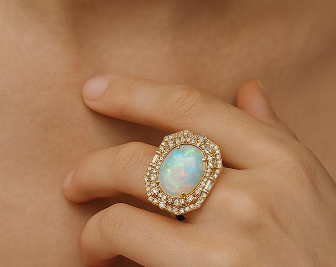 2.50Ct Natural Fire Opal Ring Diamond Halo Engagement Ring 14K Yellow Gold Plated Opal Jewelry Unique Gift for Her