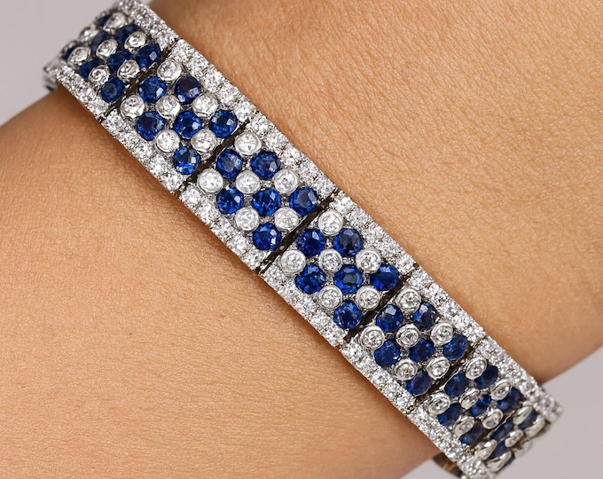 12.68 Ct Diamond & Sapphire Cluster Bracelet 14K White Gold Luxury Fine Jewelry, Elegant Tennis Statement Gift for Women