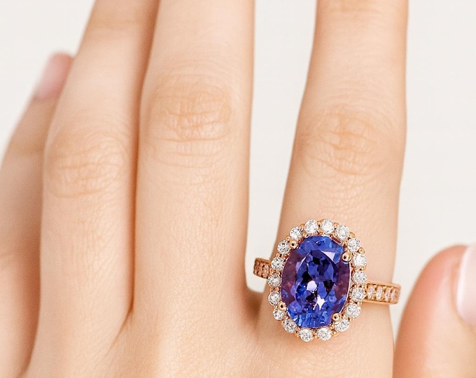 5.38ct Tanzanite and Diamond Halo Ring Natural Oval Cut Tanzanite 14K Rose Gold Luxury Cocktail Statement Ring December Birthstone Jewelry