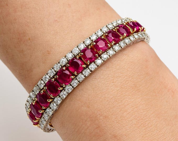 54.78 Ct Natural Ruby and Diamond Tennis Bracelet 14K White Gold Luxury Fine Jewelry, Elegant Statement Bracelet  Bridal Gift for Women