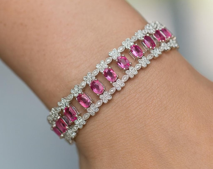 Natural Peach Tourmaline and Diamond Bracelet 18K White Gold Luxury Fine Jewelry Elegant Tourmaline Tennis Bracelet Statement Gift for Women