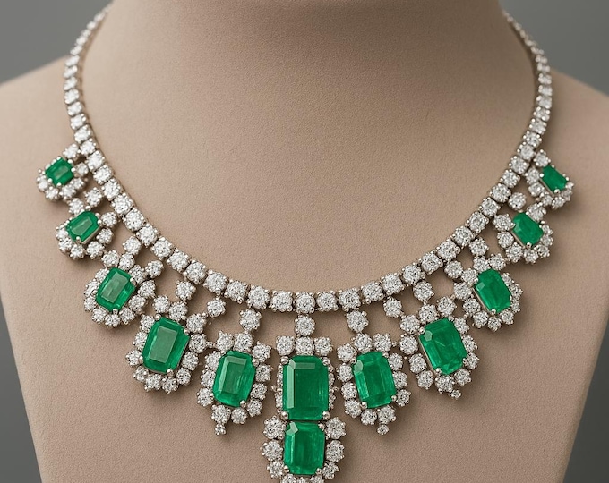 23.94 Ct Natural Emerald and Round Diamond Necklace 14K White Gold Luxury Anniversary Wedding Statement Fine Jewelry Gift for Women