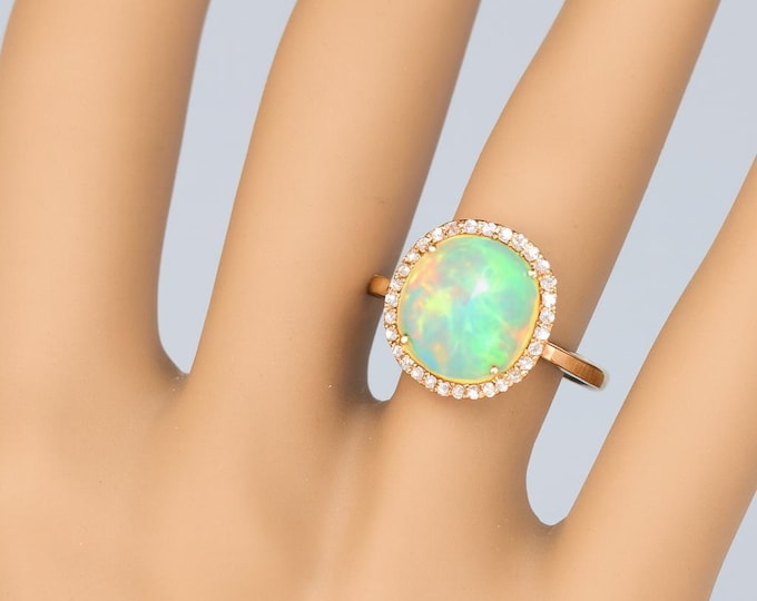 14K Yellow Gold Opal Halo Ring Natural Opal Engagement Ring Prong Setting Diamond Ring Fine Gold Jewelry Gift for Her