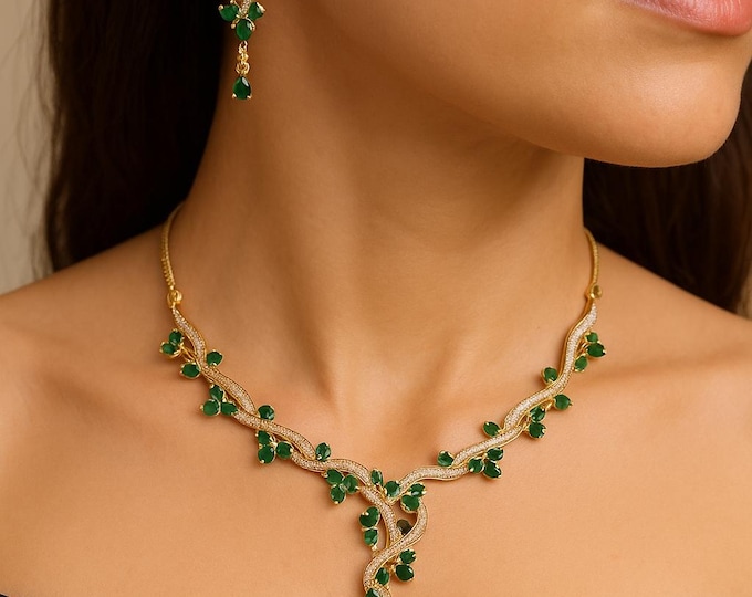 4.10Ct Natural Diamond Emerald Necklace Set 14K Solid Yellow Gold Luxury Bridal Wedding Jewelry Gift for her