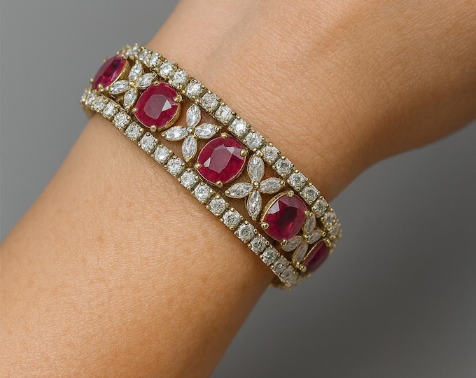 24.15 Ct Diamond AAA Ruby Tennis Bracelet 18K Gold & Platinum Luxury 3D Design Fine Jewelry Gift for Women
