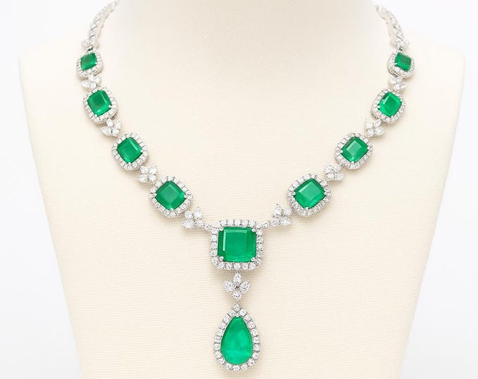 70.67 TCW Zambian Emerald Diamond Lariat Necklace 18K White Gold Natural Gemstone Statement Jewelry