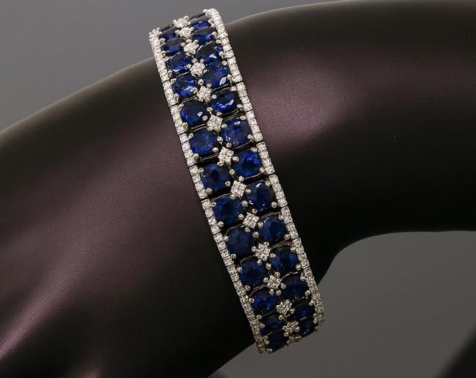 44.25 Ct Natural Blue Sapphire Diamond 5 Row Cluster Bracelet 18K Gold Luxury Fine Jewelry Statement Tennis Bracelet Gift for Women