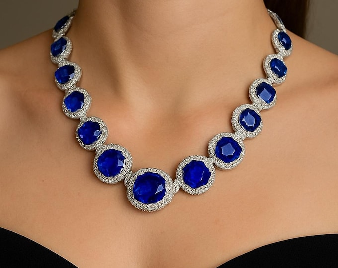 8.66Ct Natural Diamond Blue Sapphire Necklace in 14K Solid White Gold – Luxury Bridal Wedding Jewelry Gift