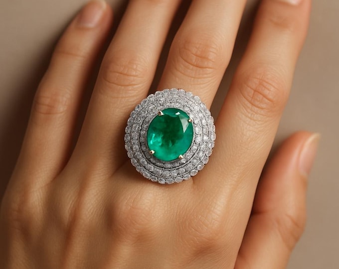 3.00Ct Natural Diamond Emerald Cluster Ring 14K Solid White Gold Round Cut Bridal Wedding Anniversary Cocktail Statement Jewelry Gift For