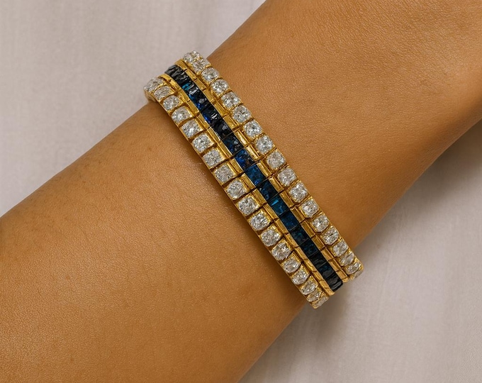 14K Yellow Gold Diamond and Sapphire Link Bracelet 7 Inch 10.62 Ct Round Cut Fine Jewelry Luxury Tennis Statement Gift for Women