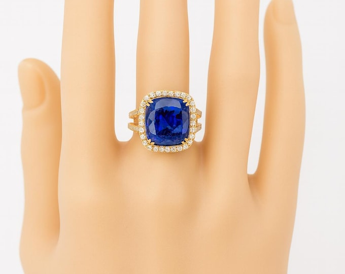 10CT Tanzanite Ring Cushion Cut Natural AAA Tanzanite with Diamond Halo 18K Yellow Gold – Luxury Statement Cocktail Ring