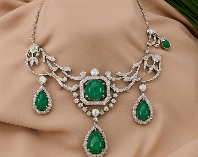 25ct Old Mine Diamond Emerald Necklace 18k White Gold Filigree Statement Jewelry Vintage Bridal, Wedding, Anniversary Gift