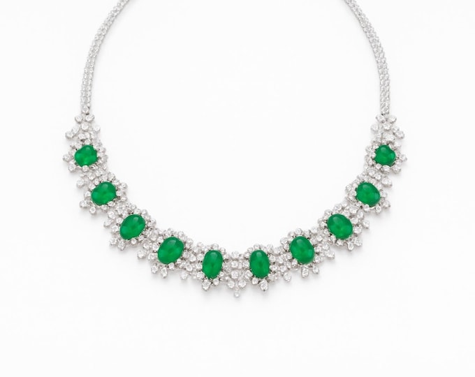 68ct Natura Emerald & Diamond Necklace 18k White Gold Statement Jewelry Bridal, Wedding, Anniversary Gift