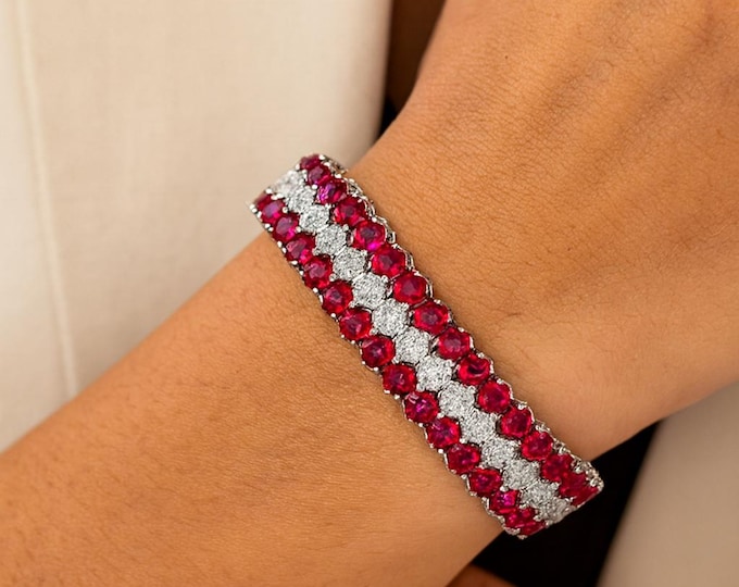 Natural 41.10 Ct Red Ruby Bracelet  18K White Gold Octagonal Cut Ruby and Diamond Tennis Bracelet, Luxury Fine Jewelry Gift for Women