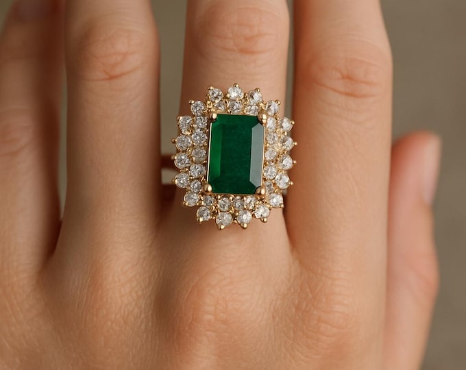 1.26Ct Natural Diamond Emerald Ring 14K BIS Hallmarked Yellow Gold Elegant Bridal, Engagement, Wedding Anniversary Fine Jewelry Gift For Her