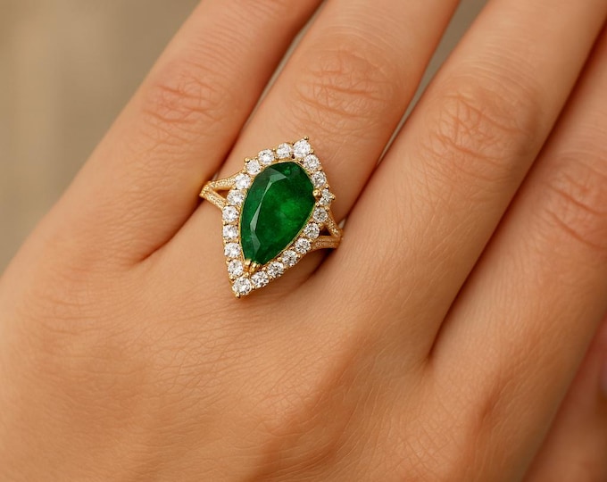 1.16Ct Natural Diamond Emerald Wedding Ring 14K BIS Hallmarked Yellow Gold Elegant Bridal, Engagement Anniversary Cluster Jewelry Gift
