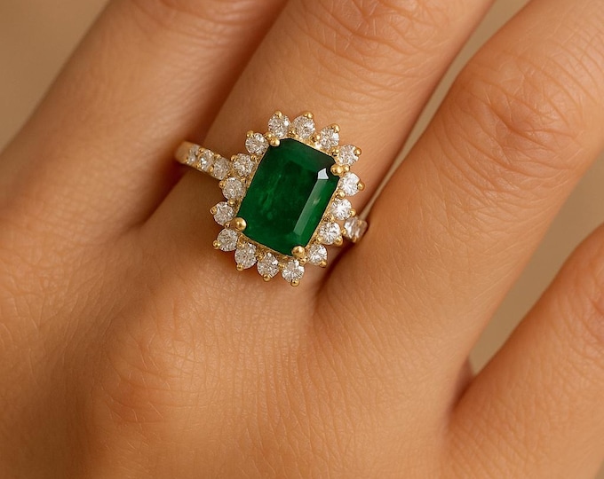 0.78Ct Natural Diamond Emerald Cluster Ring 14K Solid Yellow Gold Elegant Bridal, Engagement Anniversary Wedding Jewelry Gift For Her