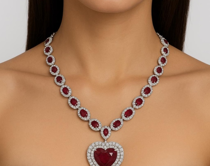 Large 27.43ct Diamond & AAA Ruby 18K White Gold Tennis Necklace | Vintage Fine Jewelry | Heart Halo Oval Design | Gift for Her