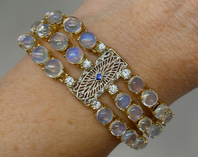 14K Gold Diamond, natural Rainbow Moonstone gemstone solid gold Bracelet Luxury Bangle Fine handmade Jewelry Gift for Women