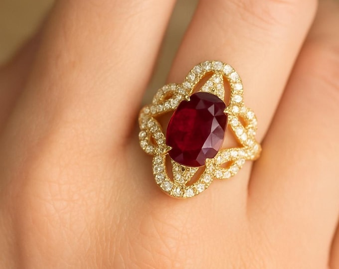 1.80Ct Natural Diamond Ruby Wedding Ring 14K BIS Hallmarked Yellow Gold Elegant Bridal, Engagement Anniversary Cluster Jewelry Gift
