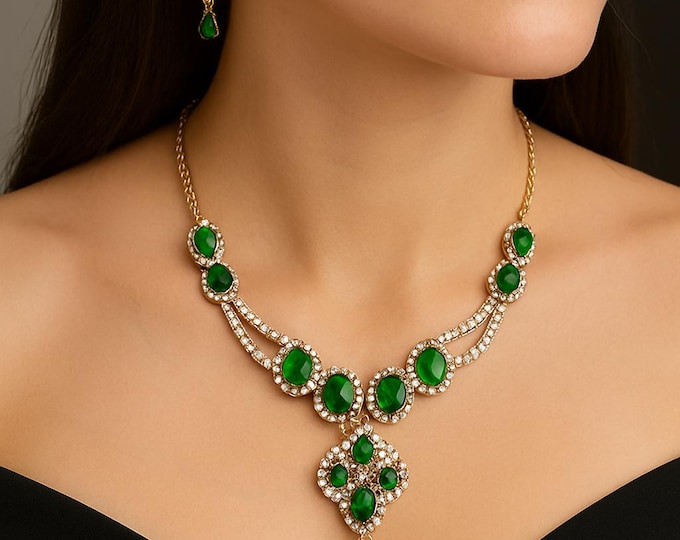 3.82Ct Natural Diamond Emerald Necklace Set 14K White Gold necklace handmade gold jewelry Bridal Wedding Jewelry