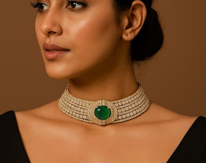 35.65 TCW Diamond Zambian Emerald Choker Necklace 14K Yellow Gold Wedding Bridal Jewelry