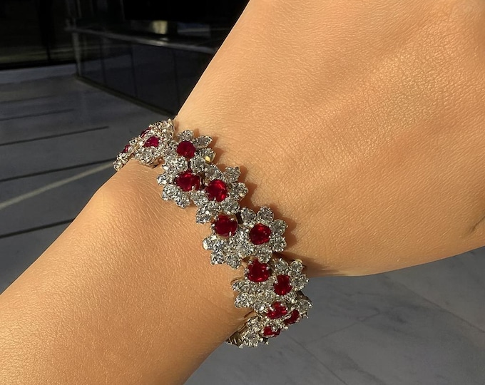 Natural Ruby Bracelet 39.74 Ct 18K Solid Gold Oval Cut Ruby and Diamond Tennis Bracelet, Luxury Women’s Fine Jewelry Gift