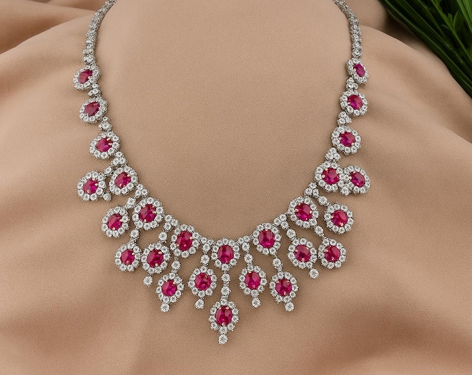 Natural Diamond Ruby Necklace | 18k White Gold Filigree Statement Jewelry Vintage Bridal, Wedding, Anniversary Gift