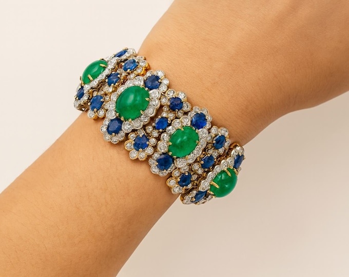 109.4 Carat Emerald, Sapphire Diamond Bracelet 18K Gold Vintage bracelet Luxury Fine Jewelry Statement Gift for Women