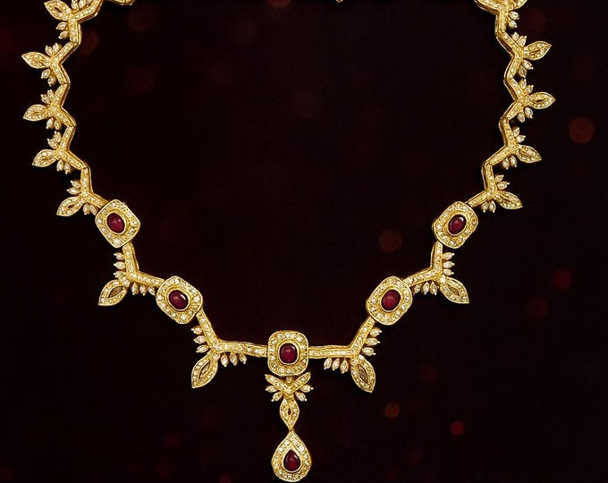 Diamond Ruby Necklace 18K Yellow Gold Floral Leaf Design Vintage Luxury Statement Evening Wear Jewelry