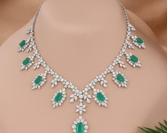 44.74ct Zambian Emerald Diamond Collar Necklace 18k White Gold Fine Jewelry Luxury Bridal, Wedding, Anniversary Gift