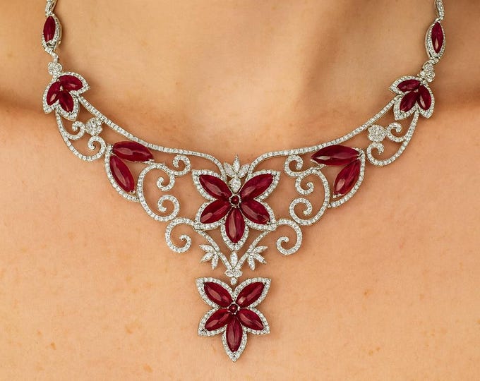158.68 Ct Certified Natural Red Ruby Necklace Unheated Mixed Cut Rubies 18K White Gold Luxury Fine Jewelry Gift for Her