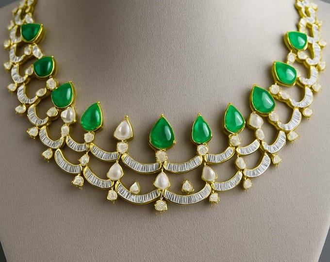 37.42 Ct Diamond AAA Emerald Cleopatra Choker Necklace 18K Gold Luxury Statement Fine Jewelry Gift for Women