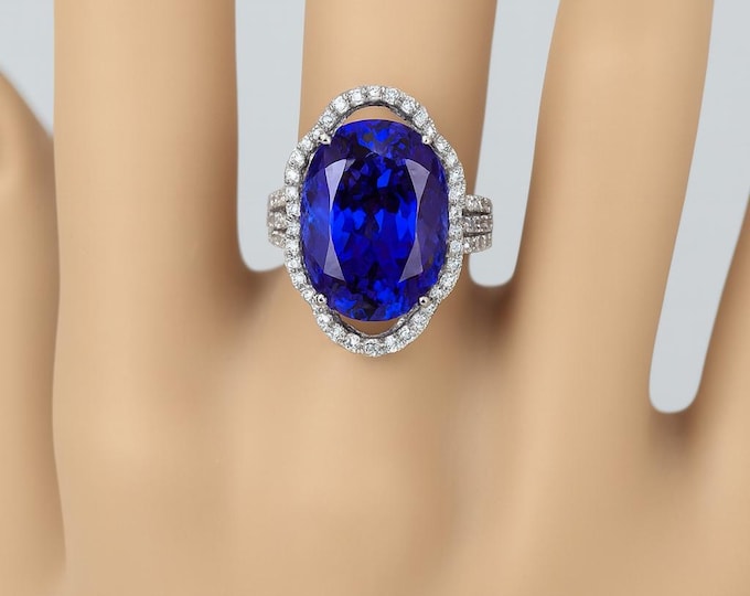 15.84ct Natural Tanzanite Ring Cushion Tanzanite 14K White Gold Diamond Accents Luxury Statement Cocktail Ring December Birthstone Jewelry