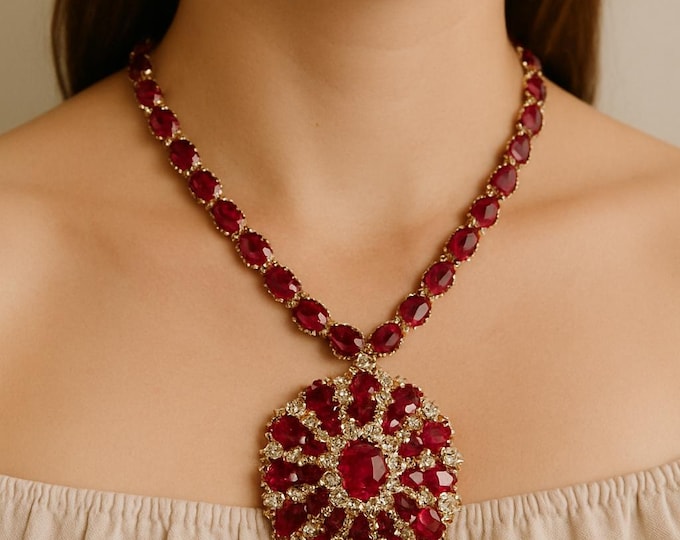 46.54Ct Ruby Diamond Tennis Necklace with Pendant 14K Yellow Gold Luxury Women’s Statement Jewelry Gift