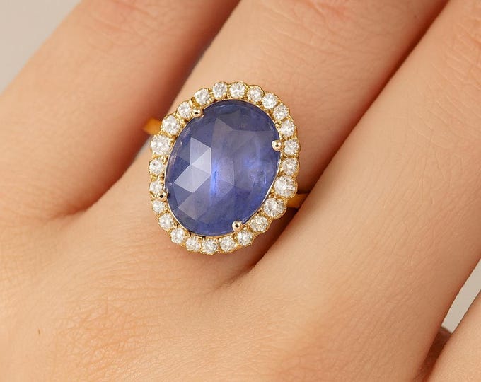 18K Solid Yellow Gold Tanzanite Ring Rose Cut Halo Diamond Ring Genuine Tanzanite Engagement Ring Unique Fine Jewelry Gift