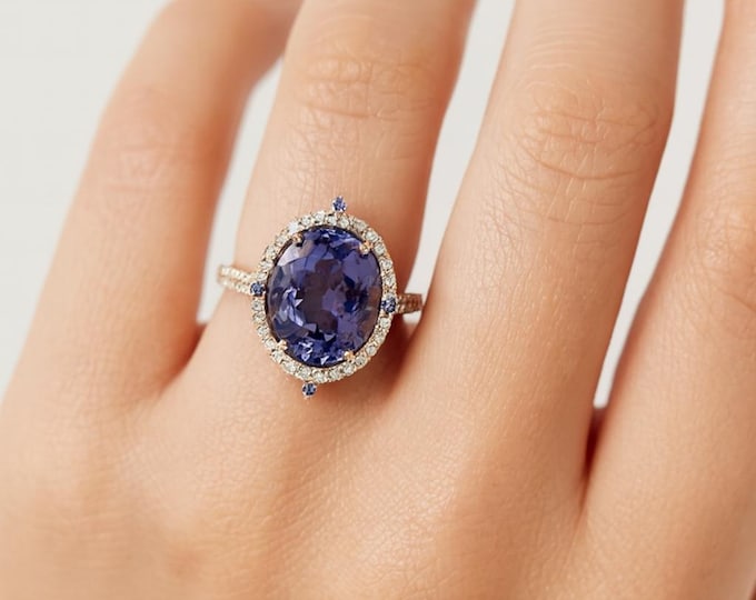 18K Yellow Gold Tanzanite and Diamond Cocktail Ring for Women Natural Oval Blue Tanzanite Statement Ring, Luxury Fine Jewelry Gift