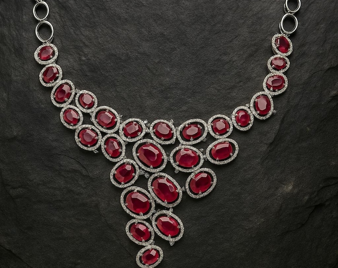 45.57CT Diamond AAA Ruby Grape Cluster Necklace 18K White Gold Statement Jewelry Vintage Bridal Gift