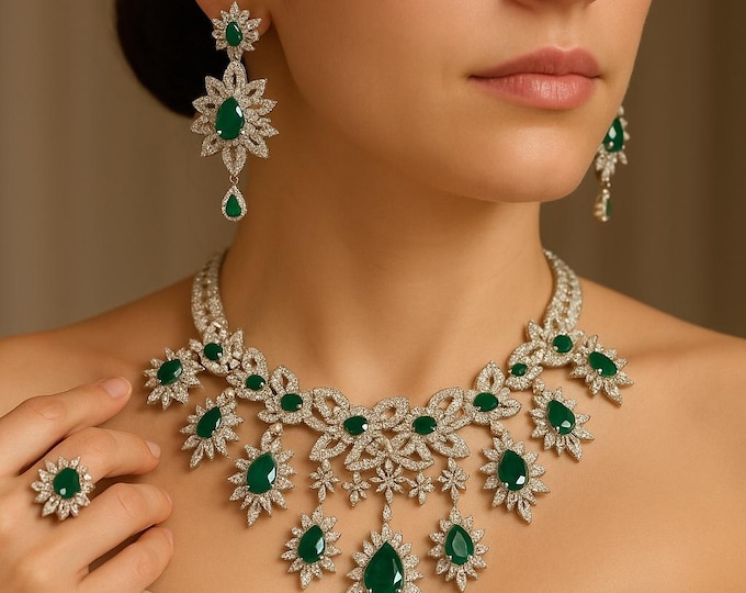 18.42Ct Natural Diamond Emerald Necklace Set 14K Solid White Gold Luxury Bridal Wedding Jewelry Handmade Jewelry Gift For Her