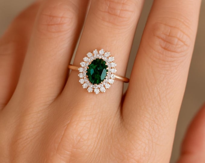 1.02Ct Natural Diamond Emerald Cluster Ring 14K BIS Hallmarked Yellow Gold Elegant Bridal, Engagement Anniversary Fine Jewelry Gift For Her