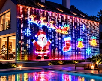 May include: A large LED light display covering the side of a house, featuring a glowing Santa Claus, a reindeer-pulled sleigh, a Christmas stocking, bells, and snowflakes in vibrant colors, reflecting onto the surface of a swimming pool.