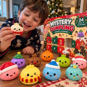 Może przedstawiać: Kalendarz adwentowy Mystery Dumpling z 24 numerowanymi drzwiczkami oraz zestawem małych, kolorowych, okrągłych figurek w kształcie pierożków. Każdy pierożek ma uśmiechniętą buzię i różne świąteczne akcesoria, takie jak czapki, szaliki i rogi.