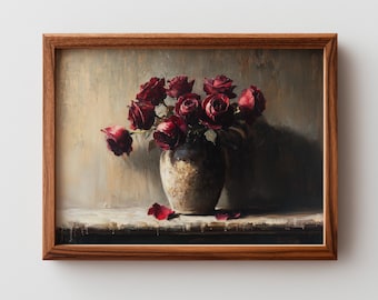 Vintage Rose Bouquet Oil Painting - Moody Floral Wall Art, Rustic Cottagecore Decor, Printable Past Bloom Roses (Digital Download)