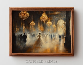 Grand Ballroom in Candlelight - Vintage Oil Painting, Moody Romantic Decor, Printable Wall Art, Elegant Dance Scene (Digital Download)